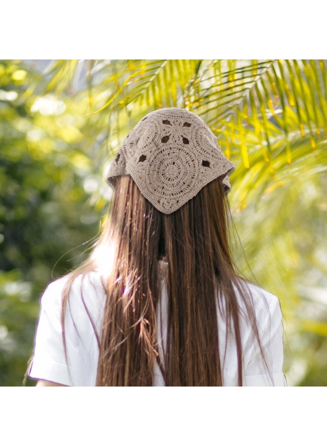 3 Pcs Crochet Bandana, Hair Scarf Crochet Head Scarf Tie Knitted Headscarf Black White Bandana Vintage Hairband Floral Head Kerchief Cutout Summer Beige Bandanas Retro Boho Kerchief for Styling - Image 4